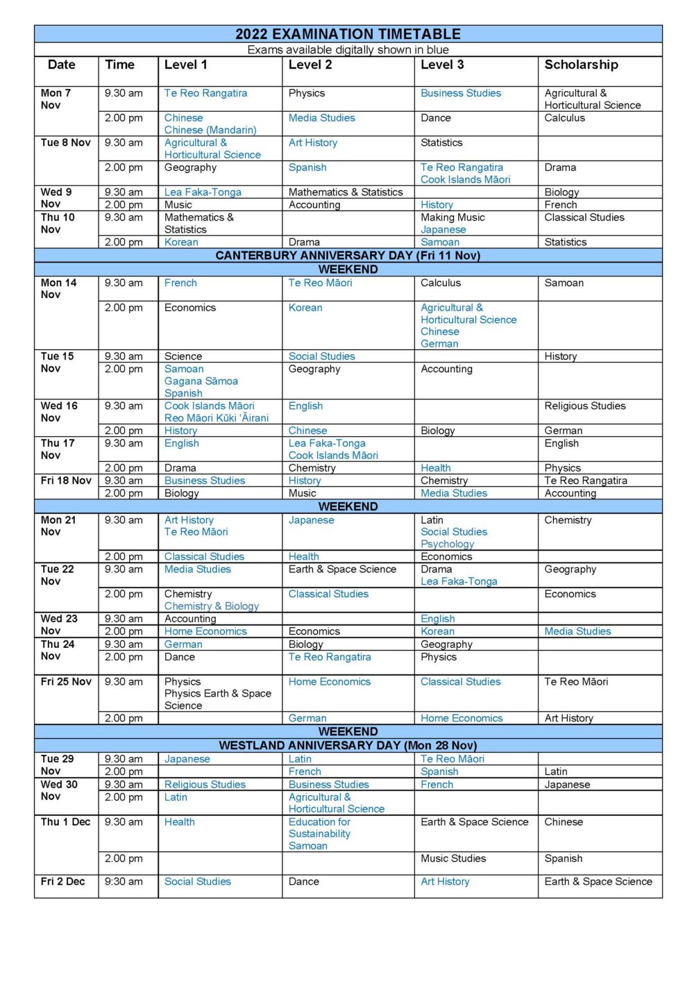 Exam Timetable for Nayland College Students