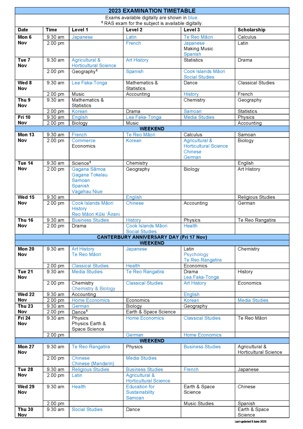 Exam Timetable for Nayland College Students